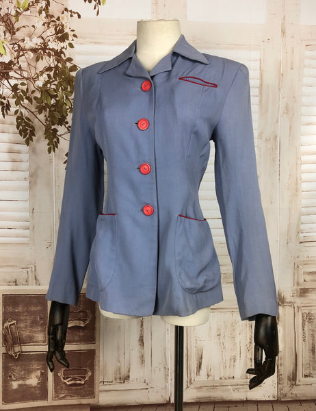 Original 1940s 40s Vintage Periwinkle Lilac Gabardine Blazer With Red Accents By I Magnin