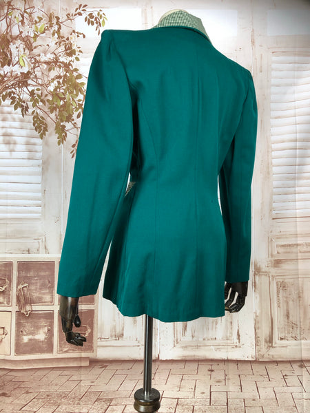 Incredible Original 1940s 40s Vintage Emerald Green Blazer With Gingham Details