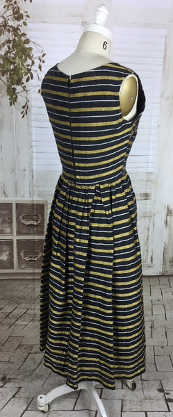 Original 1950s Black Silk Mix Dress With Silver And Gold Lurex Stripes By Trina Lewis