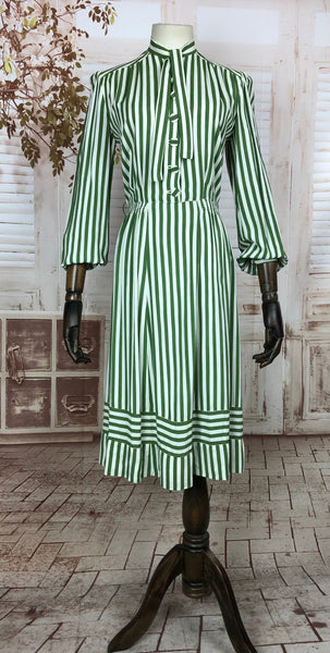 RESERVED - Original 1940s 40s Vintage Green And White Striped Rayon Dress With Bishop Sleeves