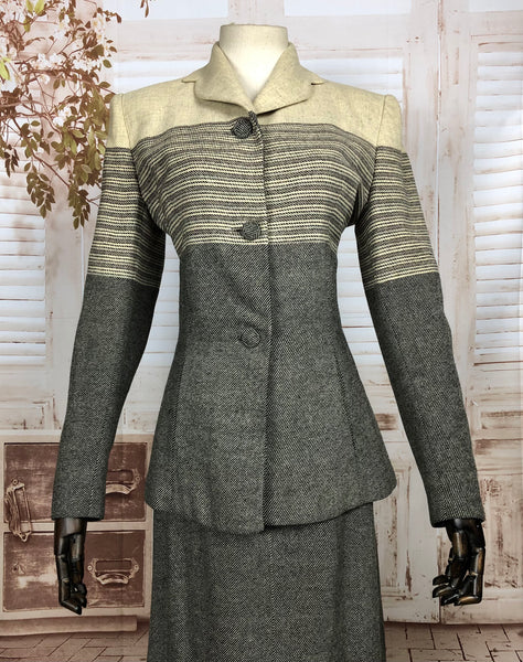 Incredible Cream And Grey Original 1940s 40s Chevron Stripe Skirt Suit