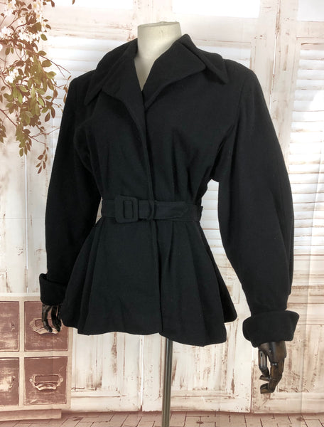 Original Vintage 1940s 40s Black Wool Wrap Belted Princess Jacket