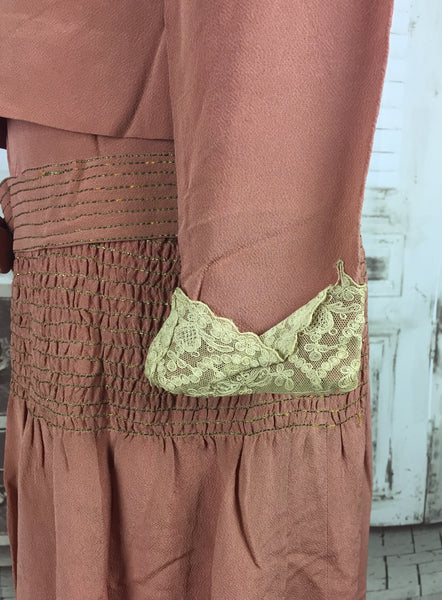 Original 1920s Drop Waist Vintage Blush Dress Set With Lamé Embroidery and Lace Trim