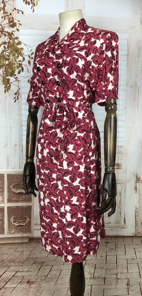 Original 1940s 40s Vintage Magenta Print Belted Gabardine Dress