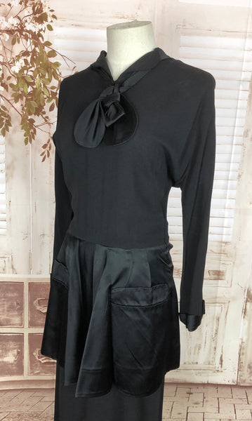 Original 1940s 40s Vintage Black Crepe And Satin Day Dress With Huge Peplum