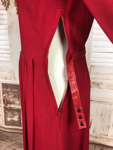 Original 1940s 40s Vintage Crimson Red Crepe Dress With Gold Sequin Appliqué
