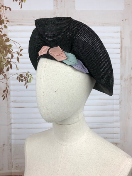 Original 1930s 30s Vintage Black Hat With Pastel Trim