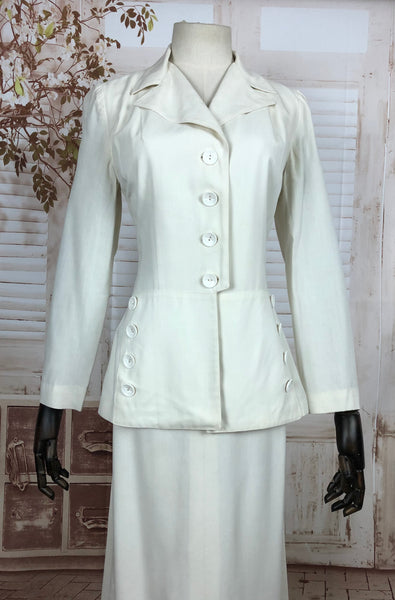 Original 1940s 40s Vintage White Summer Skirt Suit With Button Details