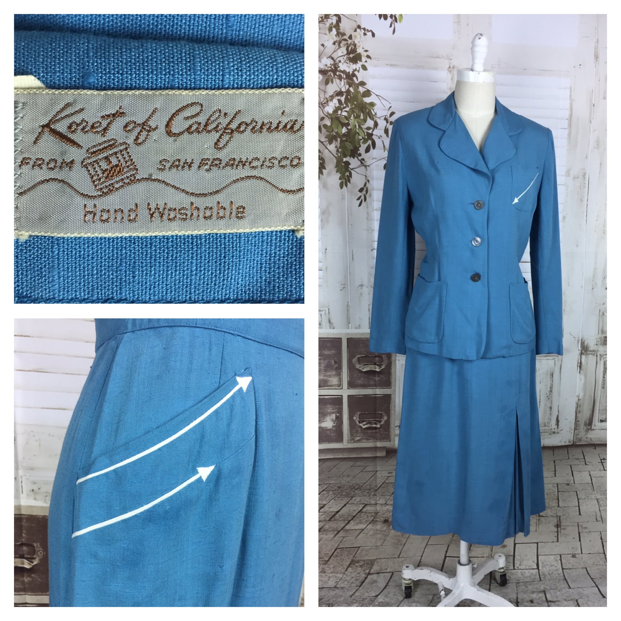 Original 1950s Sky Blue Vintage Linen Summer Suit With Embroidered White Arrows By Koret Of California