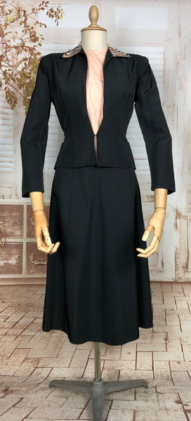 Amazing Original 1940s Vintage Black Rayon Faille Suit With Bow Detail