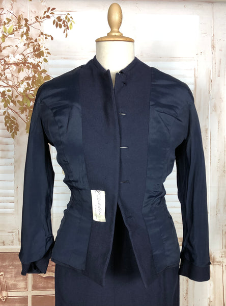 Beautiful Original Late 1940s / Early 1950s Vintage Navy Blue Skirt Suit With Appliqué Details