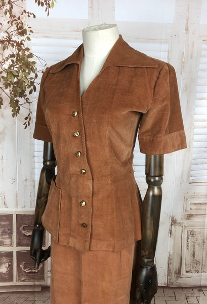 Original 1940s 40s Vintage Rust Corduroy Summer Skirt Suit