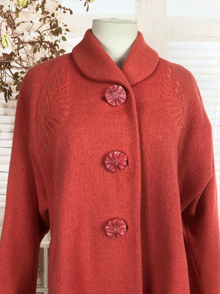 Original Late 1940s 40s Volup Vintage Coral Wool Coat With Trapunto Quilting And Large Carved Buttons