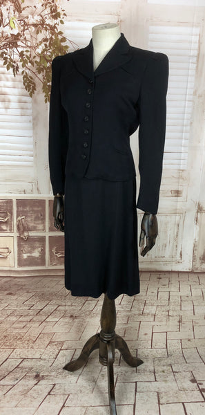 Original 1930s 30s Vintage Navy Blue Cotton Skirt Suit With Diagonal Raised Stripe And Padded Puff Shoulders