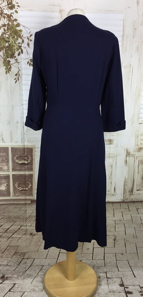 Original 1940s 40s Volup Vintage Navy Blue Wool Asymmetric Pin Tucked Day Dress