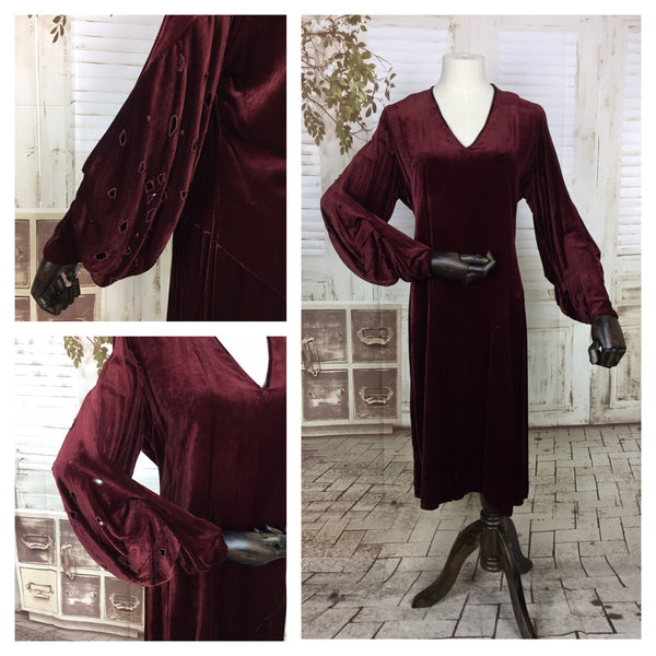 Original 1930s 30s Vintage Burgundy Velvet Dress With Pierced Bishop Sleeves