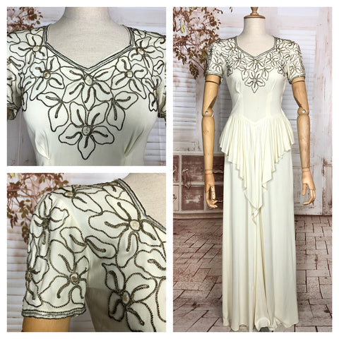 Incredible Original Late 1930s / Early 1940s White Evening Gown / Wedding Dress With Lamé Soutache And Waterfall Peplum