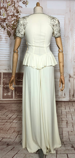 Incredible Original Late 1930s / Early 1940s White Evening Gown / Wedding Dress With Lamé Soutache And Waterfall Peplum