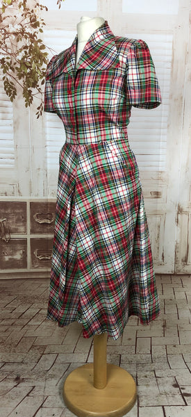 Original 1940s 40s Vintage Red And Green Plaid Dress With Glass Buttons