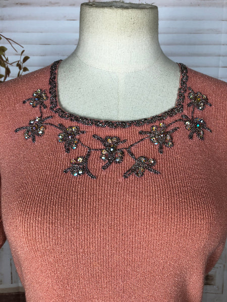 Cute Early 1950s Vintage Beaded Coral Pink Sweater