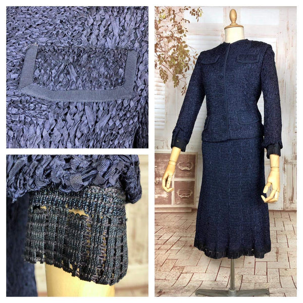 Amazing Rare Original 1940s Volup Vintage Navy Blue Ribbon Suit