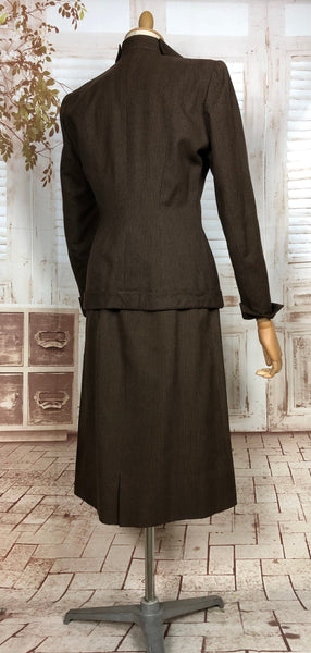Amazing Original 1940s Vintage Chocolate Brown And Gold Needle Stripe Skirt Suit