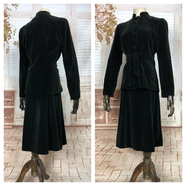 LAYAWAY PAYMENT 1 OF 2 - RESERVED FOR LAVINIA - Amazing Original Early 1940s 40s Sumptuous Black Velvet Belted Femme Fatale Suit