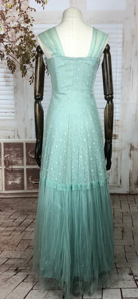 Original 1940s 40s Vintage Mint Green Lace Gown And Jacket Set With Glass Buttons