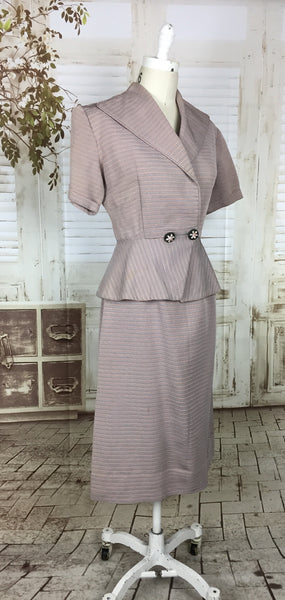 Original 1950s 50s Vintage Pink Blue Pastel Faille Stripe Ladies Skirt Suit Summer Suit