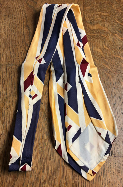 Fabulous Original Late 1940s Vintage Mustard Yellow Navy And Burgundy GeometricSwing Tie