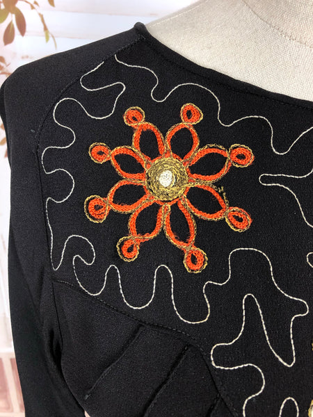 Amazing Original 1930s 30s Vintage Black Dress With Stunning Soutache Embroidery And Bishop Sleeves