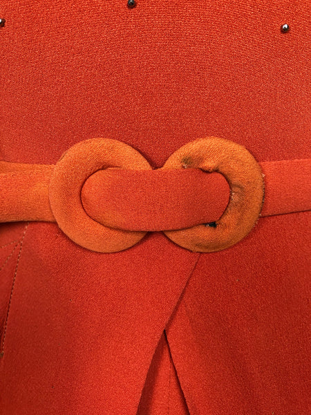Exceptional Original Late 1930s / Early 1940s Orange Studded Cocktail Dress With Keyhole Detail