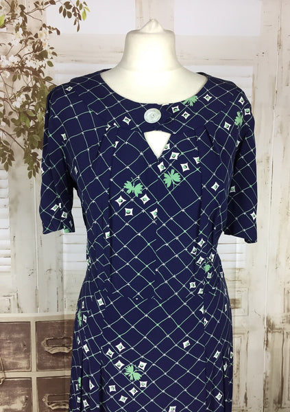 Original Late 1930s 30s Vintage Novelty Print Navy Blue Rayon Day Dress With Green Lattice And Butterflies And White Diamonds Volup