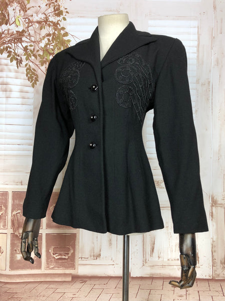 Beautiful Original 1940s 40s Black Crepe Blazer With Soutache Embroidery By Ni-Nel