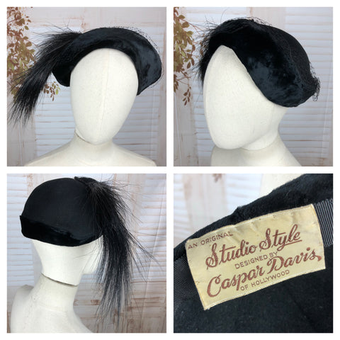 Incredible 1940s 40s Vintage Black Velvet Hat Studio Style By Caspar Davis Of Hollywood