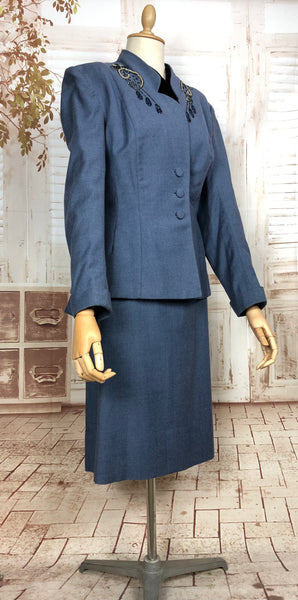 Fabulous Original Late 1940s Volup Vintage Steel Blue Beaded Skirt Suit