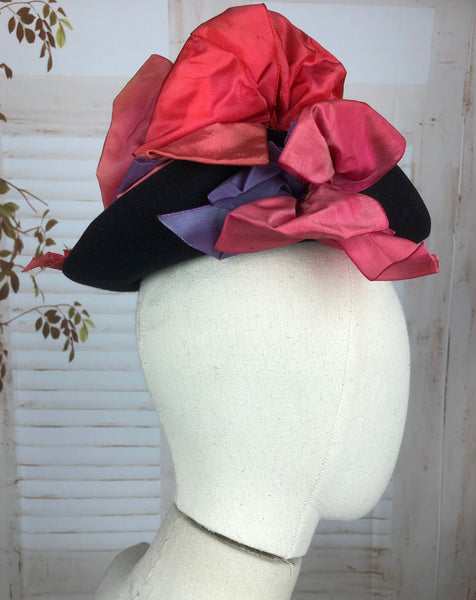 Fabulous Original Vintage 1940s 40s Navy Blue Mini Fedora With Pink And Purple Embellishments