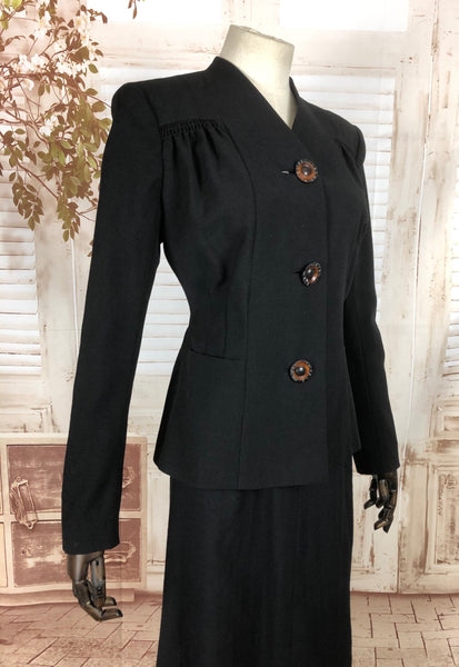 Original Vintage 1940s 40s Black Wool Suit With Geometric Seams And Shirring