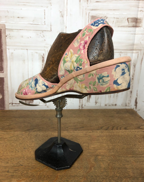 Original 1940s 40s Vintage Pink Floral Wedge Shoes With CC41 Utility Label