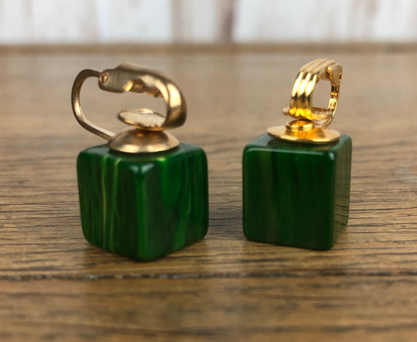 Emerald Green Bakelite Square Dice Clip On Earrings