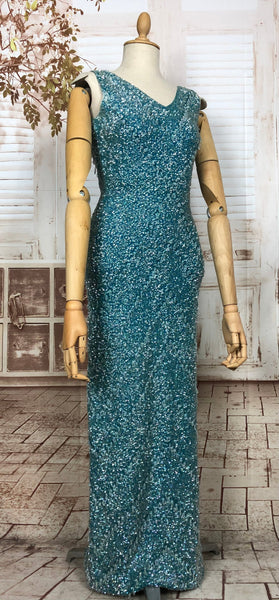 LAYAWAY PAYMENT 1 OF 5 - RESERVED FOR LINDSAY - Exceptional Original 1950s Vintage Fully Beaded Turquoise Gown Hollywood Dress Unlabelled Gene Shelly