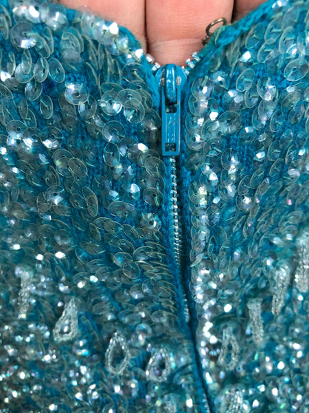 LAYAWAY PAYMENT 1 OF 5 - RESERVED FOR LINDSAY - Exceptional Original 1950s Vintage Fully Beaded Turquoise Gown Hollywood Dress Unlabelled Gene Shelly