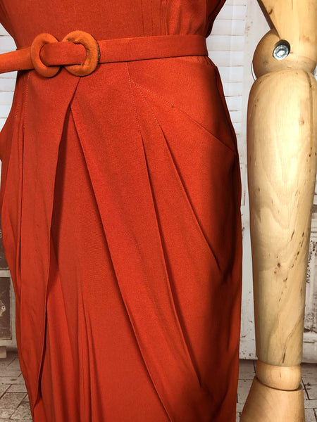 Exceptional Original Late 1930s / Early 1940s Orange Studded Cocktail Dress With Keyhole Detail