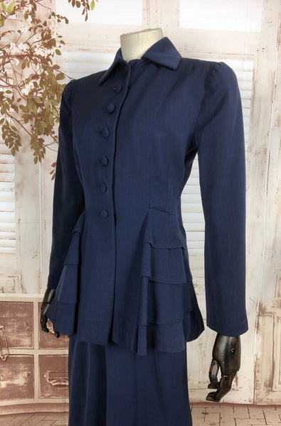 Incredible Original Vintage 1940s 40s Navy Blue Tiered Gabardine Suit