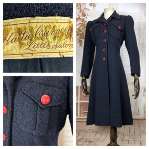 Super Rare Late 1930s / Early 1940s Wartime Vintage Navy Puff Sleeve Coat By Hattie Carnegie