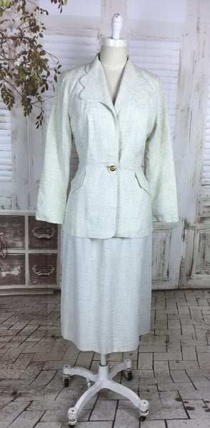 Original 1940s White Gabardine With Blue Criss Cross Pattern Vintage Skirt Suit By Deanna Dee