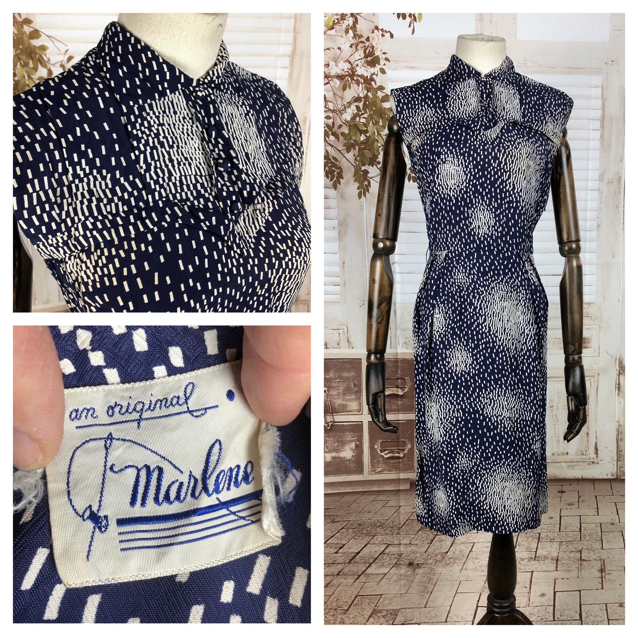 Original Vintage 1950s 50s Navy Blue And White Blot Pattern Rayon Dress By Marlene