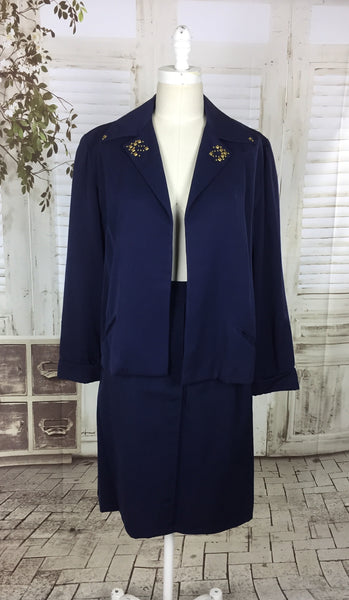 Original 1950s Navy Blue Vintage Wool Skirt Suit With Brass Collar Studs By Botany USA