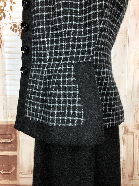 Beautiful 1940s 40s Vintage Dark Grey Check Wool Suit By Peck & Peck