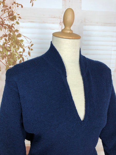 Beautiful Original Late 1940s / Early 1950s Volup Vintage Sapphire Blue Knit Dress By Kims